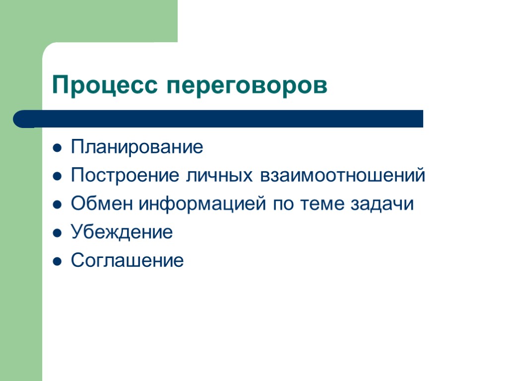 Процесс переговоров Планирование Построение личных взаимоотношений Обмен информацией по теме задачи Убеждение Соглашение